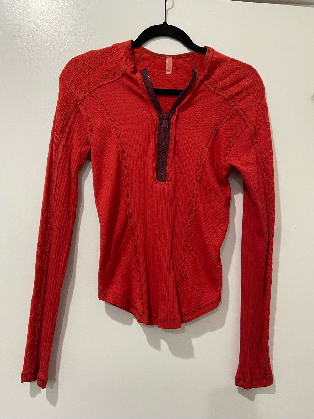 FP Movement by Free People Red Ribbed Half-Zip Long Sleeve Top